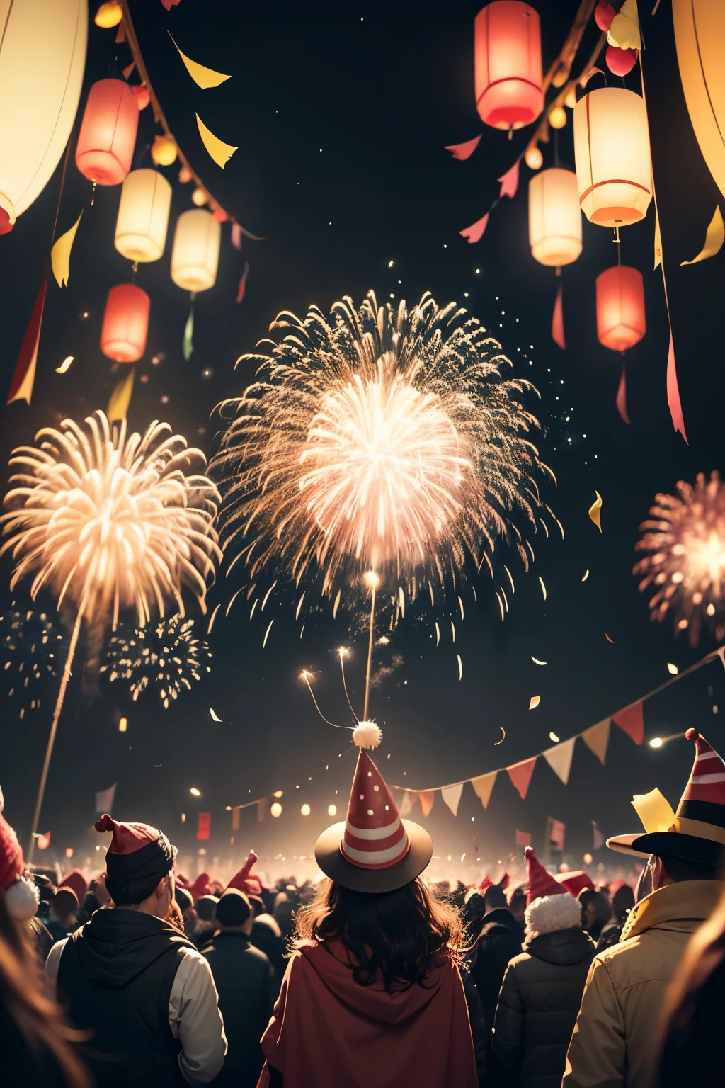 (best quality,4k,8k,highres,masterpiece:1.2),ultra-detailed,(realistic,photorealistic,photo-realistic:1.37),new year's poster for 2024,text,cozy background,fireworks in the background,bokeh,depth of field,illustration,oil painting,clear typography,festive colors,warm lighting,sparkling details,celebratory atmosphere,dynamic composition,positive emotions, hats and confetti,crowd in the background,happy faces and smiles,twinkling lights,joyful ambiance,rich textures,vivid colors,explosive fireworks display,magical night sky,shimmering stars,glowing lanterns,festive decorations,balloon garlands,hope and optimism for the new year,memorable and lively celebration,positive start to 2024