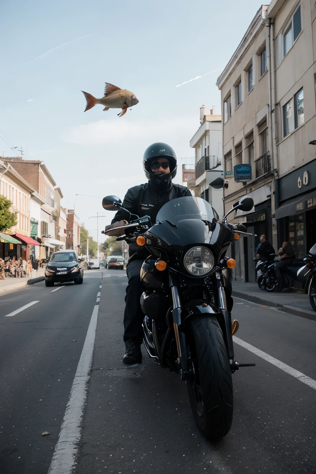 /imagine prompt: fish , riding motorcycle , hyper realistic , 4k