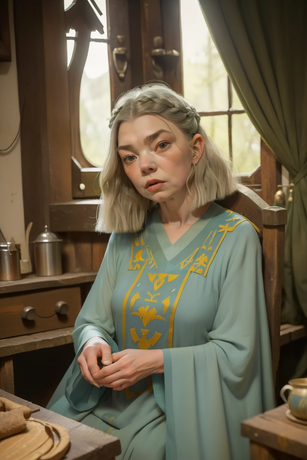 1170, Kingsbridge, England. Otherworldly scene in a medieval cabin in the forest, ((((61-year-old)) Anya Taylor-Joy)), old, wrinkles, grey hair, ((worried expression)), ((((tunic from the 12th century)))), ((Hairstyle of the 12th century)), ((Wes Anderson cinematic style)), colorful