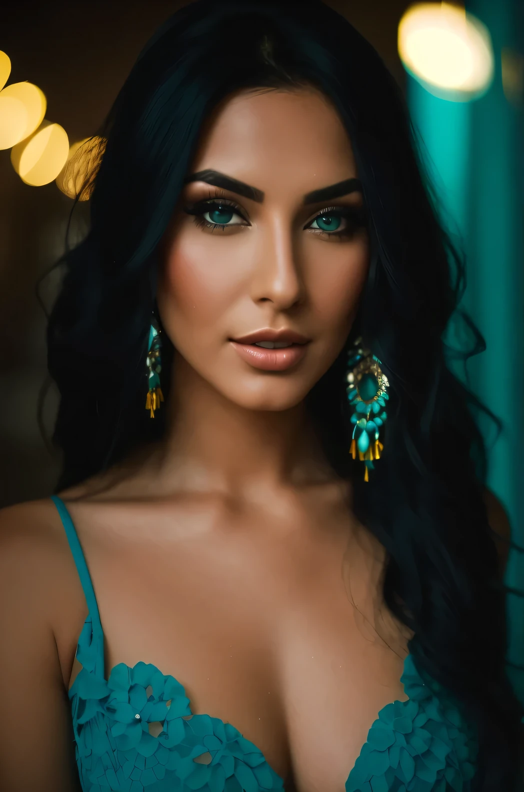 a close up of a woman with long black hair wearing a blue dress, photo of a beautiful woman, gorgeous woman, portrait of a beautiful model, teal lights, turquoise eyes, gorgeous beautiful woman, gorgeous latina face, sexy face with full makeup, beautiful mexican woman, exotic eyes, turqouise, soft portrait shot 8 k, beautiful female model, turquoise