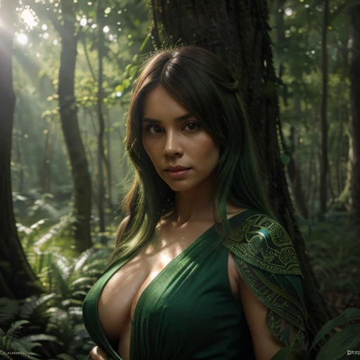 portrait of a forest mage, female, dress made of green leaves, gorgeous, green hair, brown skin, curves, forest background, highly detailed, smooth, sharp focus, chiaroscuro, digital painting, artgerm and greg rutkowski and alphonse mucha