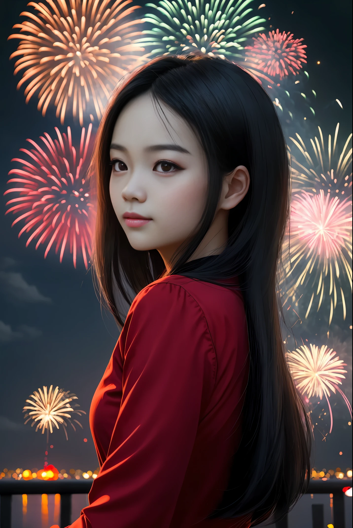 1girl vietnamese,sideface,Sidewaypose the whole body,Nice face,red pupils,Gray-black hair,Fireworks in bloom,Colorful fireworkire works,daysieloating in the sky,brightly,cheerfulness,Warm and soft lighting,early evening,Blue,light cloud,Bar cloud