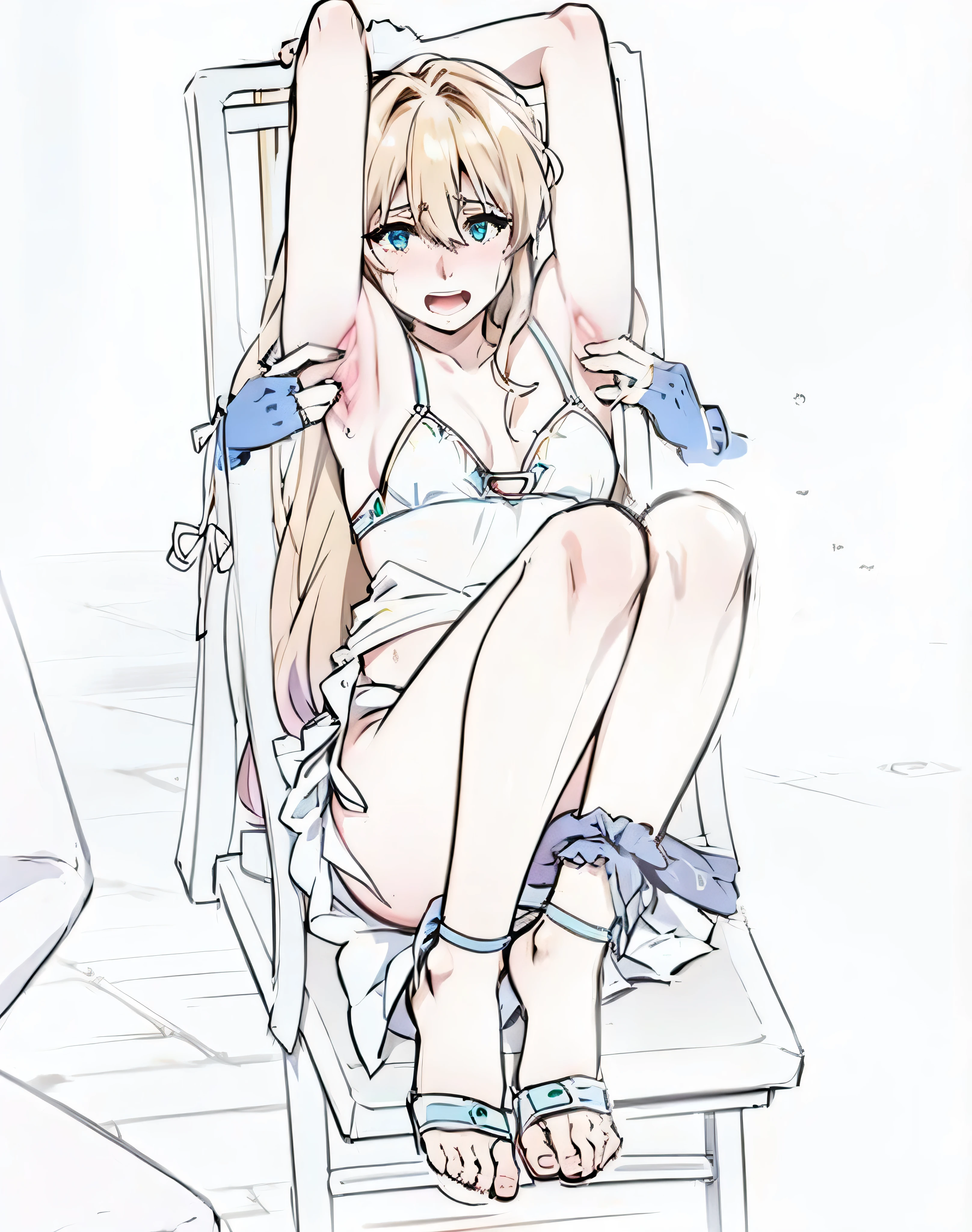 Naked, sitting on chair, hands on anothers armpits, tickling, tickle, laughing, open mouth, Violet Evergarden, long blonde hair, blue eyes