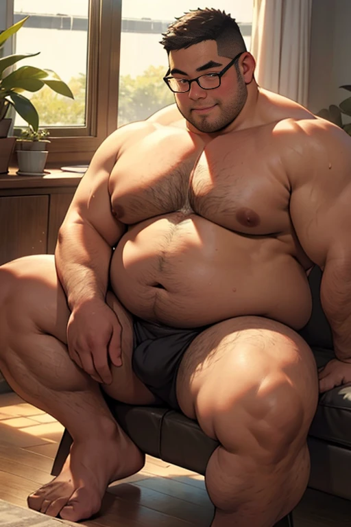 ​masterpiece,top-quality, in 8K, A fat manNaked, Spread legs, stretch and relax, nerdy, short legs, Bowleg, (fatness: 1.0), Blushing and relaxed fat man, looks sleepy, Bare belly, Bare legs, Shirtless, Glasses, thinning hair, Man with big face, Round face, Wet body, steams,wanking