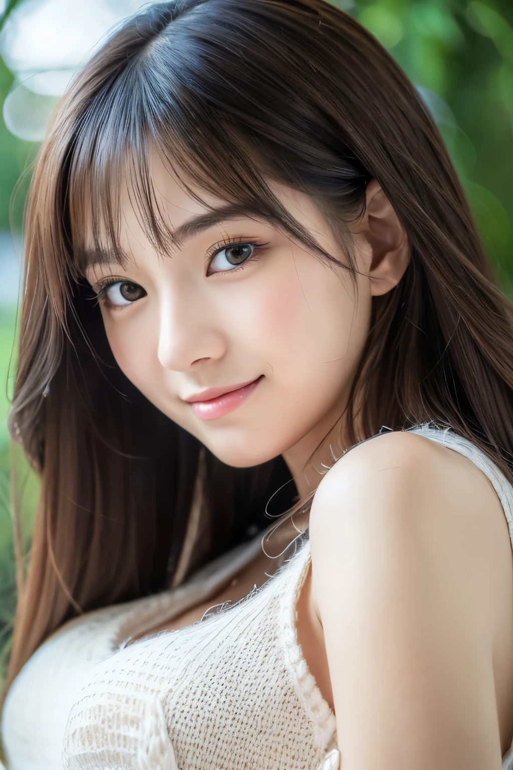(RAW photo, best quality),(realistic, photo-realistic:1.3), masterpiece, an extremely delicate and beautiful, extremely detailed, CG, unity , 2k wallpaper, Amazing, finely detail, light smile, extremely detailed CG unity 8k wallpaper, huge filesize, ultra-detailed, highres, absurdres, soft light, short hair, short bang, black hair, floating hair novafrogstyle, beautiful detailed girl, detailed fingers, extremely detailed eyes and face, beautiful detailed nose, beautiful detailed eyes, long eyelashes, light on face, looking at viewer, closed mouth, 1girl, cute, young, mature face, full body, small breasts, realistic face, realistic body, beautiful detailed thigh, ulzzang-6500-v1.1, JapaneseDollLikeness_v15, costume: sleeveless shirt, black eyes,under starry sky