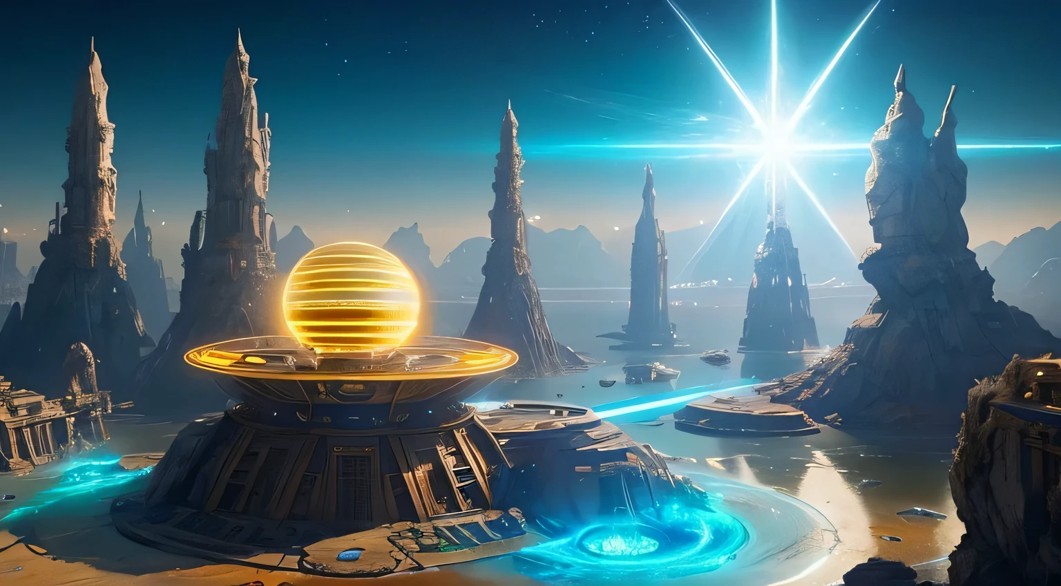 A man stands on a rock in front of a huge gold ring, epic fantasy sci fi illustration, key art, greg beeple, artgem 和 beeple tmasterpiece, Virtual universe concept art, symmetric concept art, author:Christopher Kass, Jessica Rossier Fantasy Art, numenera, Bipper and Tim Hildebrandt, movie bee,(tmasterpiece:1.2), Ridiculous resources,Cosmic Galaxy,magia,Chinese Ancient Times,spaceship,Vicissitudes,Glowing light,未来magia科技风(The content is very detailed:1.3)