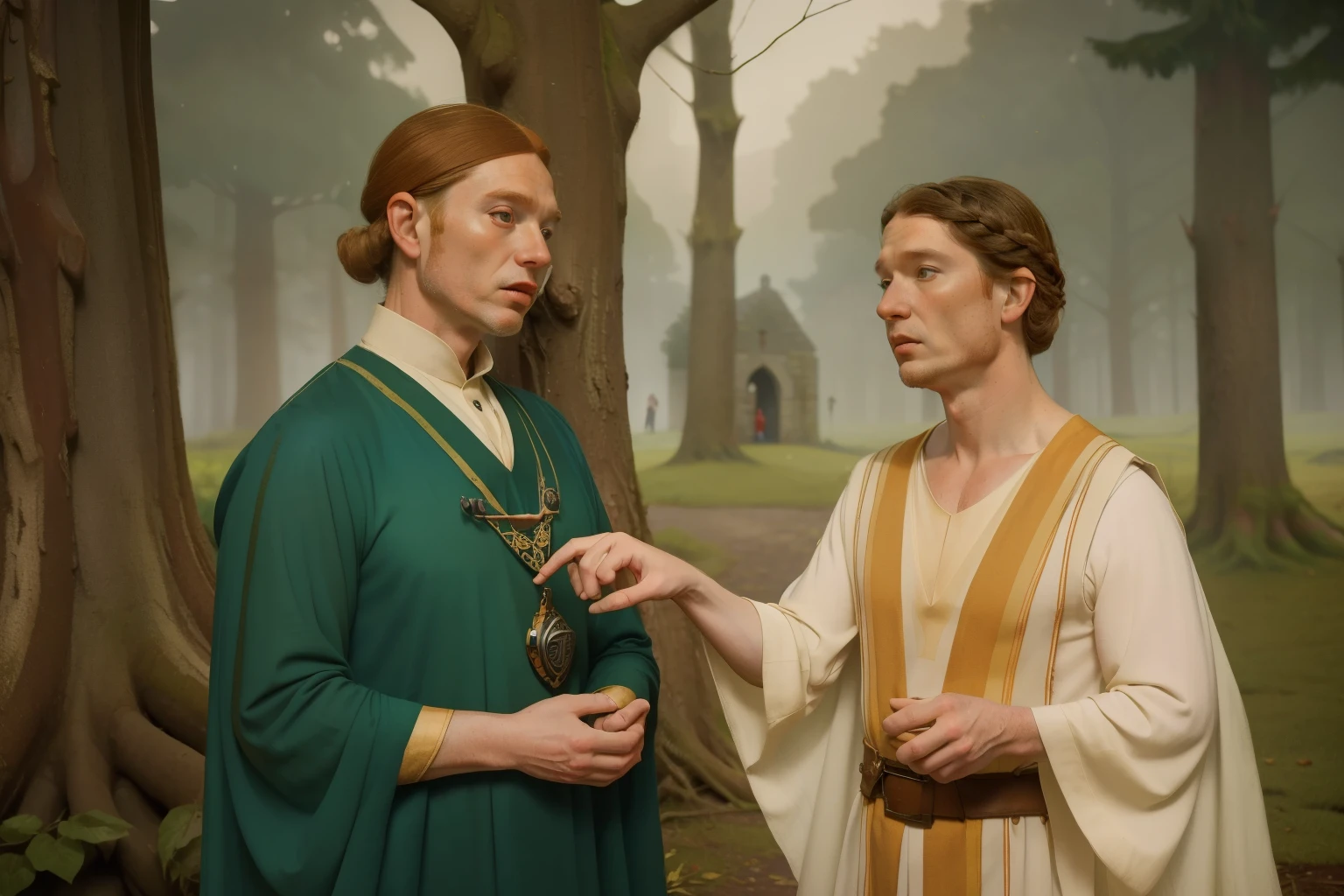 1170, Kingsbridge, England. Otherworldly scene in a medieval forest, ((((46-year-old)) Cameron Monaghan)), wrinkles, ((worried expression)), pointing to a tree, talking to a younger man, ((((tunic from the 12th century)))), ((Hairstyle of the 12th century)), ((Wes Anderson cinematic style)), colorful