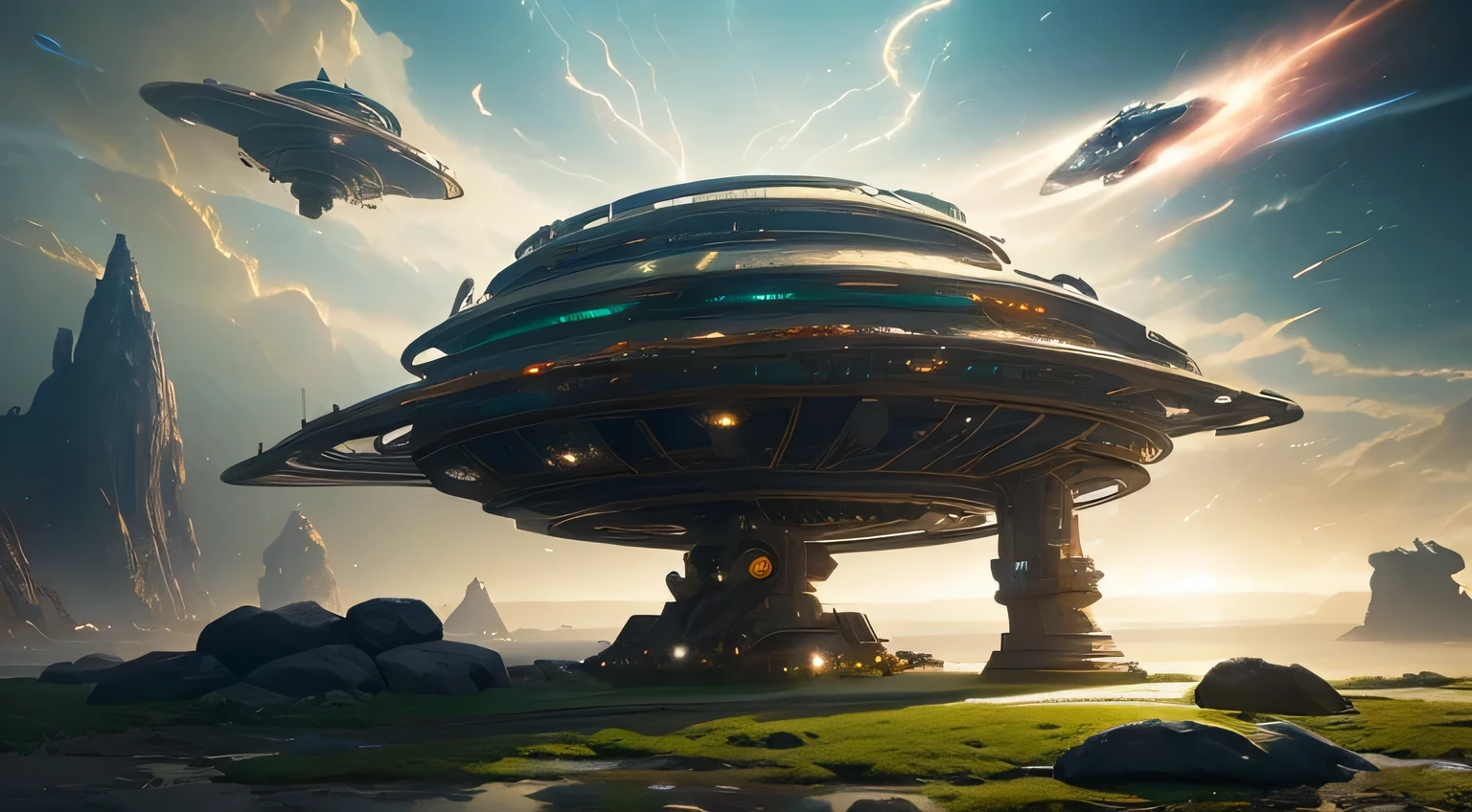 A man stands on a rock in front of a huge gold ring, epic fantasy sci fi illustration, key art, greg beeple, artgem 和 beeple tmasterpiece, Virtual universe concept art, symmetric concept art, author：Christopher Kass, Jessica Rossier Fantasy Art, numenera, Bipper and Tim Hildebrandt, movie bee，(tmasterpiece:1.2), Ridiculous resources，Cosmic Galaxy，magia，Chinese Ancient Times，spaceship，Vicissitudes，Glowing light，未来magia科技风(The content is very detailed:1.3)