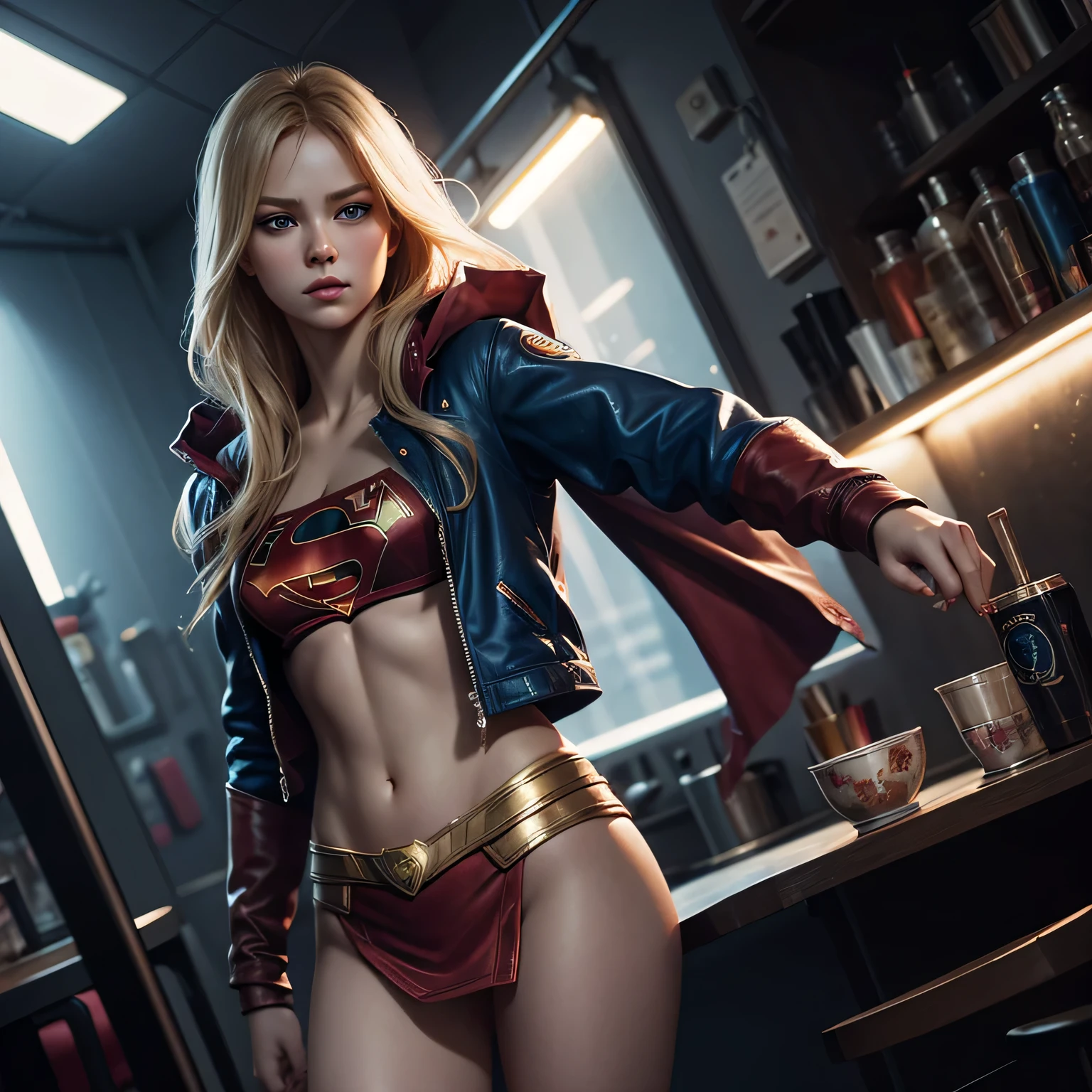 une prostituée se faisant passer pour une supergirl, cheveux longs, blond sale, yeux bleus, je ne porte qu'une veste en cuir et une mini-jupe ultra révélatrice, jambes nues, séance photo, instagram pose, corps entier, Club de strip-tease, Supergirl fait office de strip-teaseuse, complexe, élégant, Très détaillé, peinture numérique, ArtStation, Art conceptuel, lisse, mise au point nette, illustration, Illustration de Wlop, Charlie Bowater et Alexandra Fomina