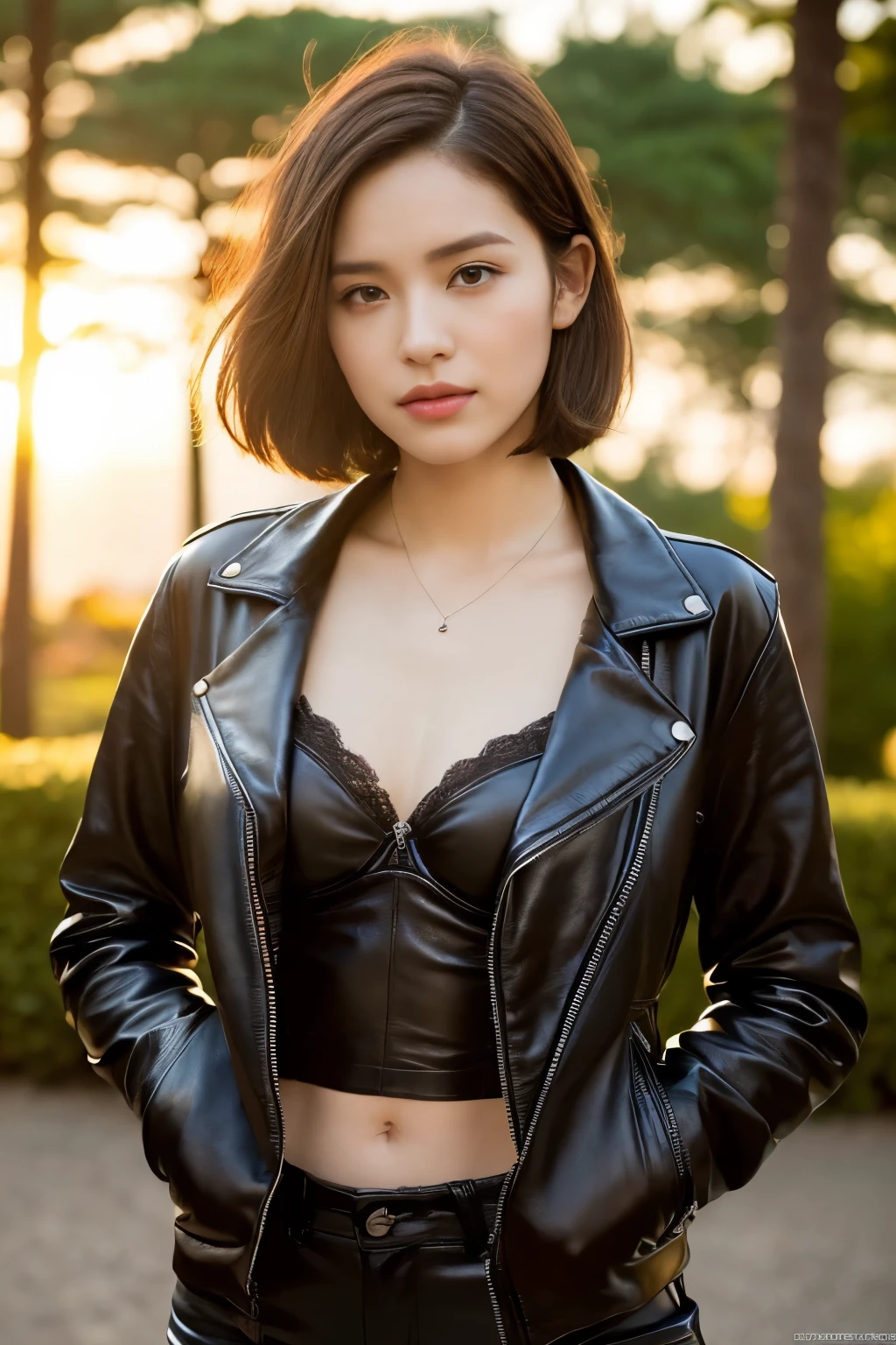 ((top-quality、8K、masterpiece: 1.erfect Body Beauty: 1.4、Slender Abs: 1.2、Beautiful woman with slender abs:1.3、(Highlight Haircutreast B Cup:1.2), medium breast, round shape breast, perfect shape breast, (leather biker jacket), (black bra , bra straps) necklace, hyperdetailed face、18year old、 Pretty women、(Dark brown short-cut hair), Slim Face、Highly detailed facial and skin texture、very detailed lips、opens legs、top-quality、masterpiece、超A high resolution、(Photorealsitic:1.4), long shot , (in park with blur background), bright background, sunset light,