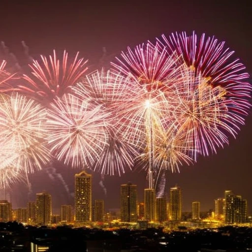 A vista baixa de uma cidade, em clima de festa, illuminated by fireworks lights,  comemorando a chegada do novo ano