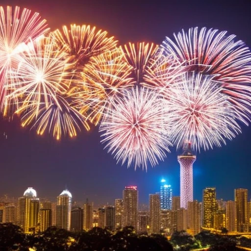 A vista baixa de uma cidade, em clima de festa, illuminated by fireworks lights,  comemorando a chegada do novo ano