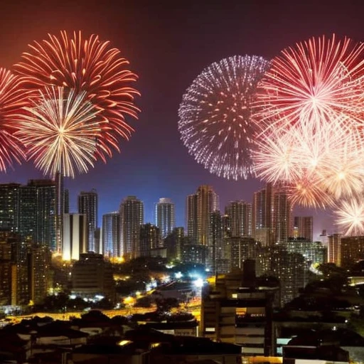 A vista baixa de uma cidade, em clima de festa, illuminated by fireworks lights,  comemorando a chegada do novo ano