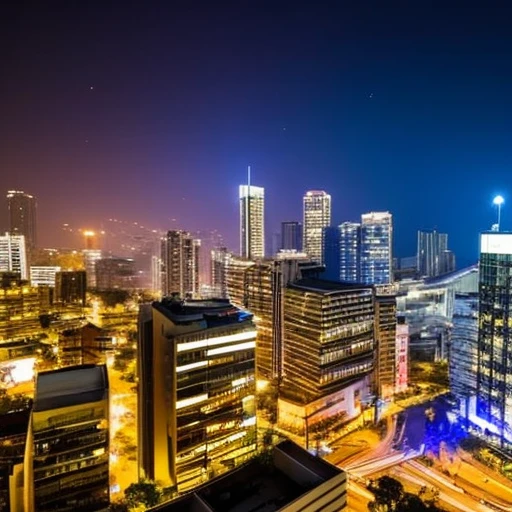 A vista baixa de uma cidade, em clima de festa, illuminated by fireworks lights,  comemorando a chegada do novo ano