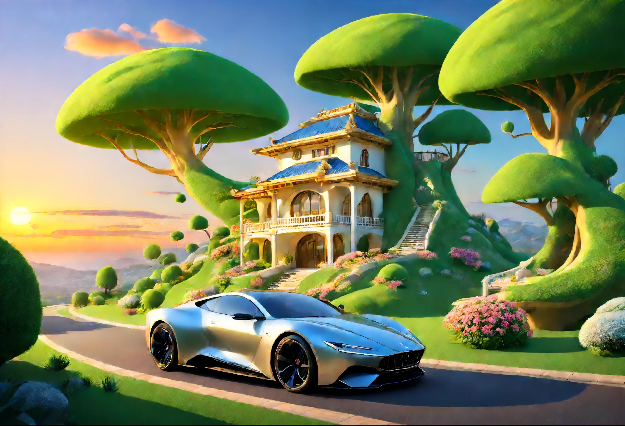 Casa linda, casa grande de luxo, casa de ouro e diamantes, anime 3d realista, paisagem de arvores e flores, ceu com nuvens, sun sunset, carro de luxo futurista
