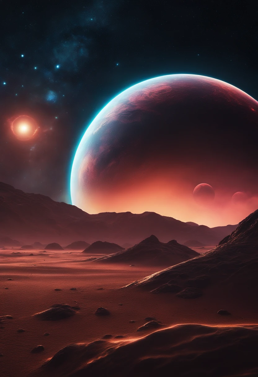 a wide-angle shot of a neon planet with rings, set against a backdrop of stars and nebulae, creating a stunning futuristic space vista