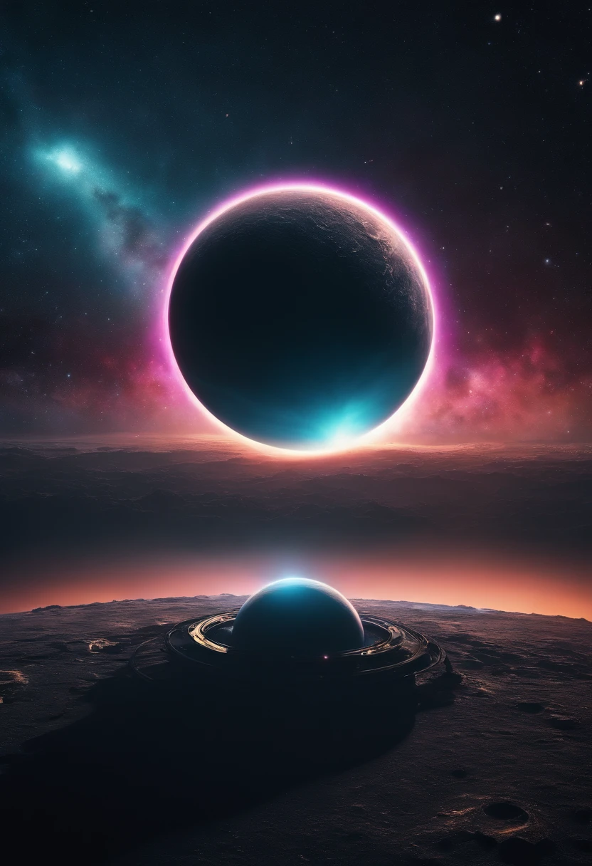 a wide-angle shot of a neon planet with rings, set against a backdrop of stars and nebulae, creating a stunning futuristic space vista