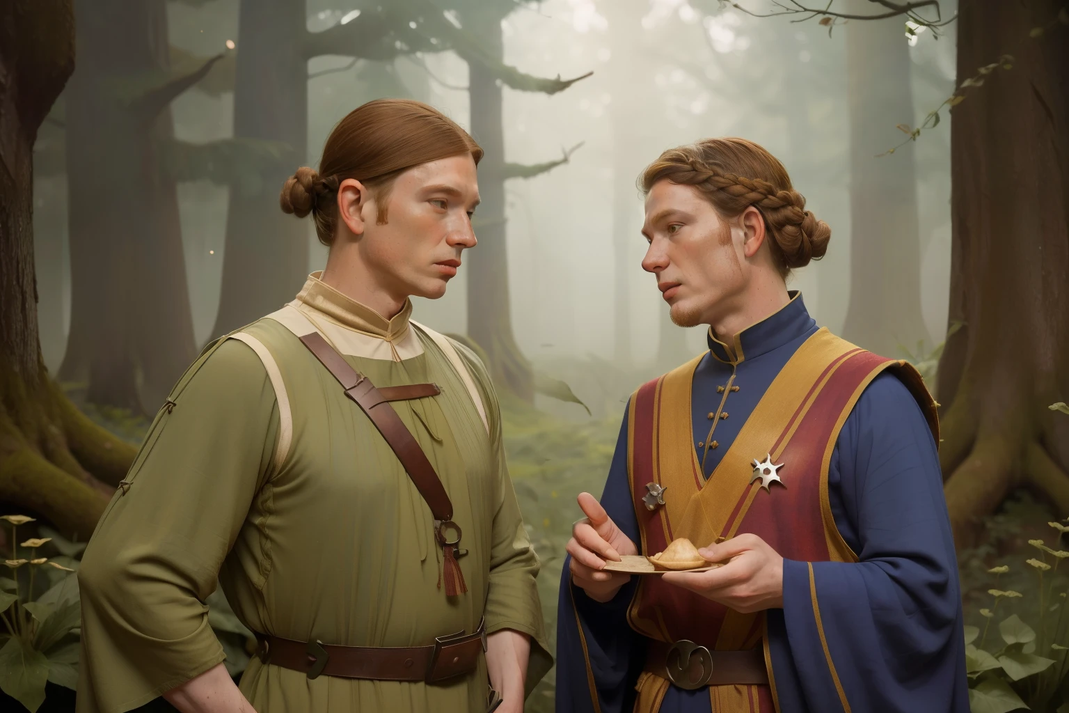 1170, Kingsbridge, England. Otherworldly scene in a medieval forest, ((((46-year-old)) Cameron Monaghan)), wrinkles, ((worried expression)), talking to a younger man, ((((tunic from the 12th century)))), ((Hairstyle of the 12th century)), ((Wes Anderson cinematic style)), colorful