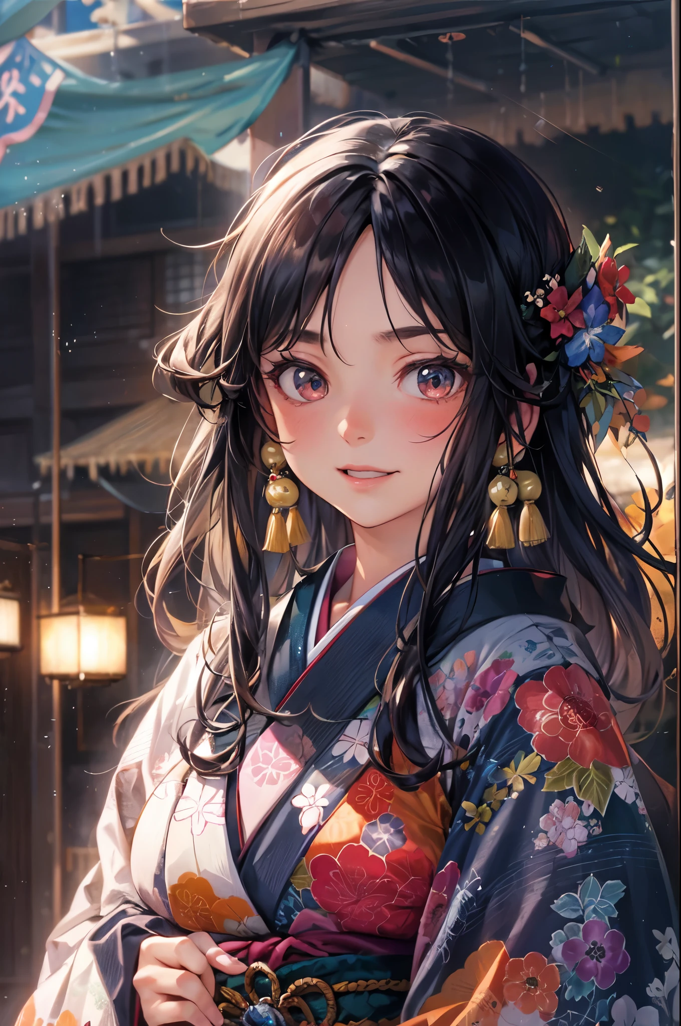 solo, japanese woman, japanese kimono, black hair, long hair, floating hair, shiny hair, jewelry, light smile, detailed beautiful face and eyes, vivid color, cinematic lighting, jpeg artifacts, Eye-Level Shot, drop shadow, depth of field, hyperrealism, Ghibli-like colours, atmospheric perspective, tachi-e, masterpiece, retina, ccurate, best quality, highres, 4K, super detail