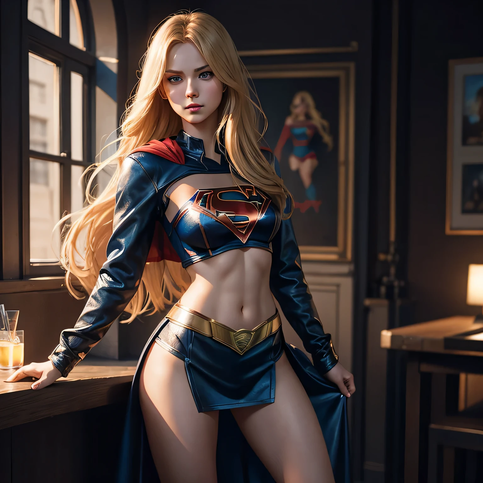 une prostituée se faisant passer pour une supergirl, cheveux longs, blond sale, yeux bleus, je ne porte qu'une veste en cuir et une mini-jupe ultra révélatrice, jambes nues, séance photo, instagram pose, corps entier, Club de strip-tease, Supergirl fait office de strip-teaseuse, complexe, élégant, Très détaillé, peinture numérique, ArtStation, Art conceptuel, lisse, mise au point nette, illustration, Illustration de Wlop, Charlie Bowater et Alexandra Fomina