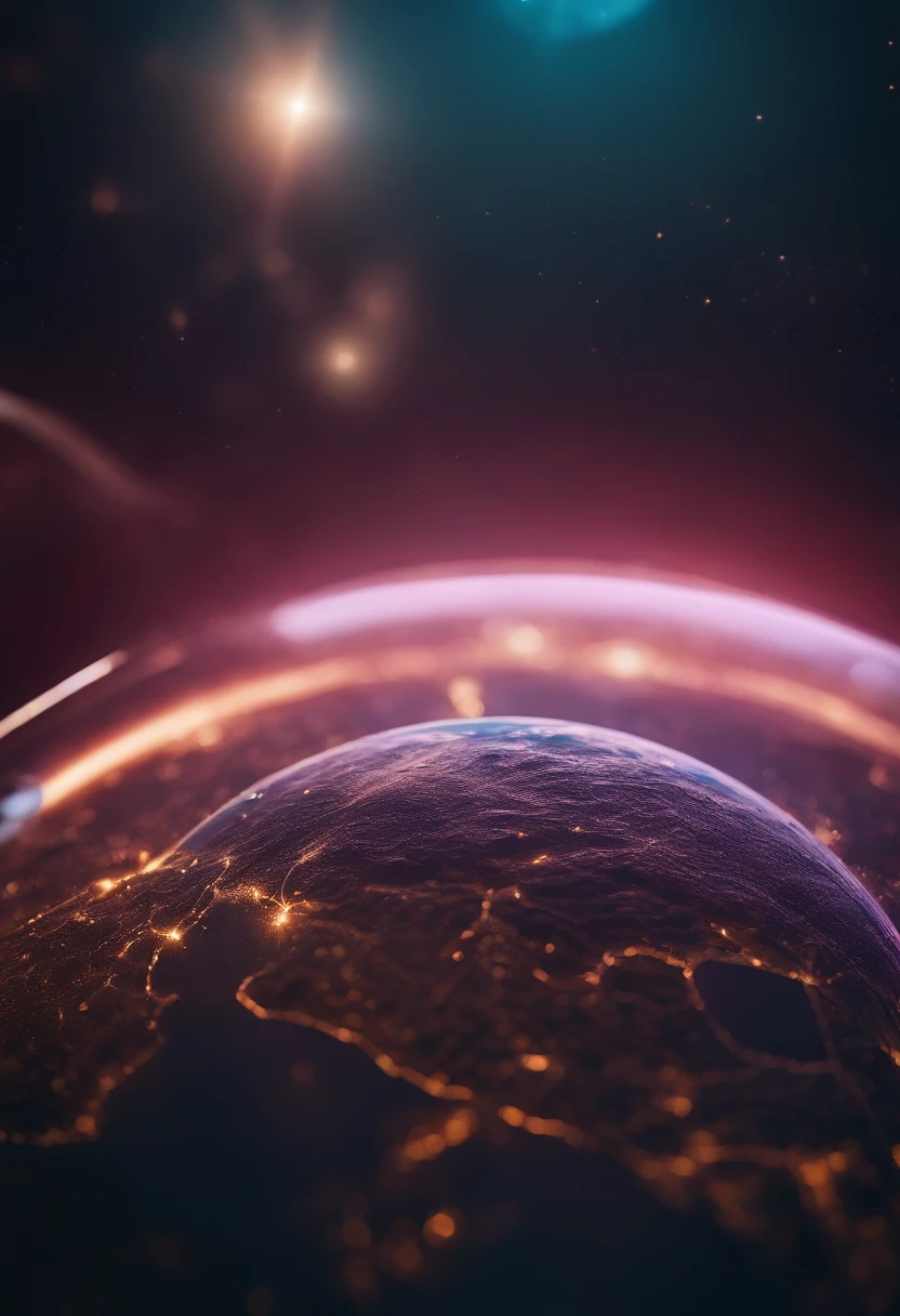 a close-up shot of the planet’s surface, showcasing the intricate details and textures, illuminated by neon-colored lights and patterns