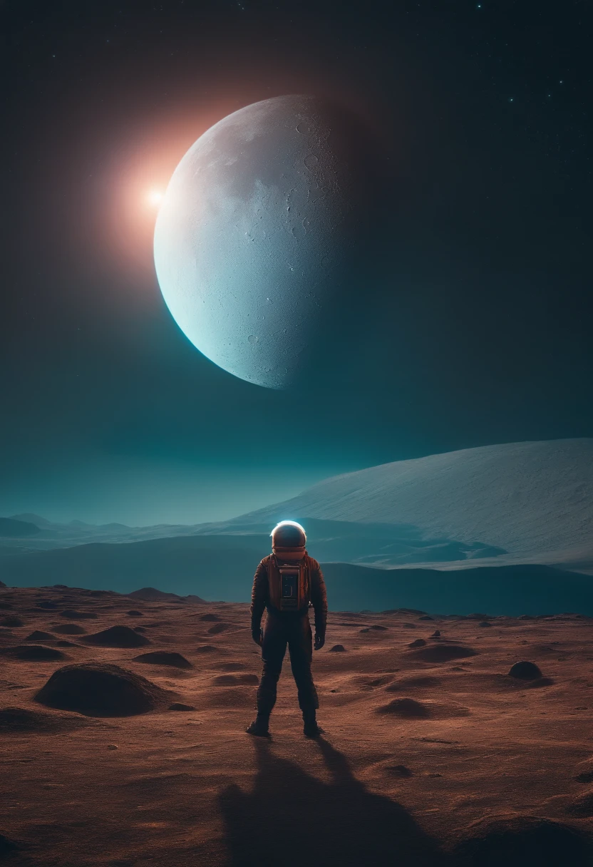 a lifestyle shot of a futuristic space traveler standing on a nearby moon, gazing at the neon planet and its rings, evoking a sense of awe and exploration
