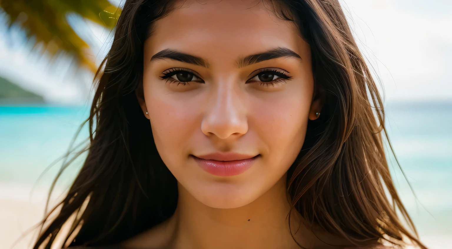 Smile, beautiful european model, Tropical Beach, Sunlight, Close-up shot of face only, 1 Girl with a beautiful face, Photographer 1.4), (Full body portrait: 1.4),Raw UHD Portrait Photography, background at room , Detailed (Texture!, hair!, shine, Color!!, defect: 1.1), highly Detailed glowing eyes, (looking in camera), Specular Light, Digital SLR, Extreme quality, sharp focus, sharp, degrees of freedom, Film grain, (Centered), FUJI XT3, Crystal clear, center of frame, Beautiful face, sharp focus, Bokeh, lowkey, intricate eye details