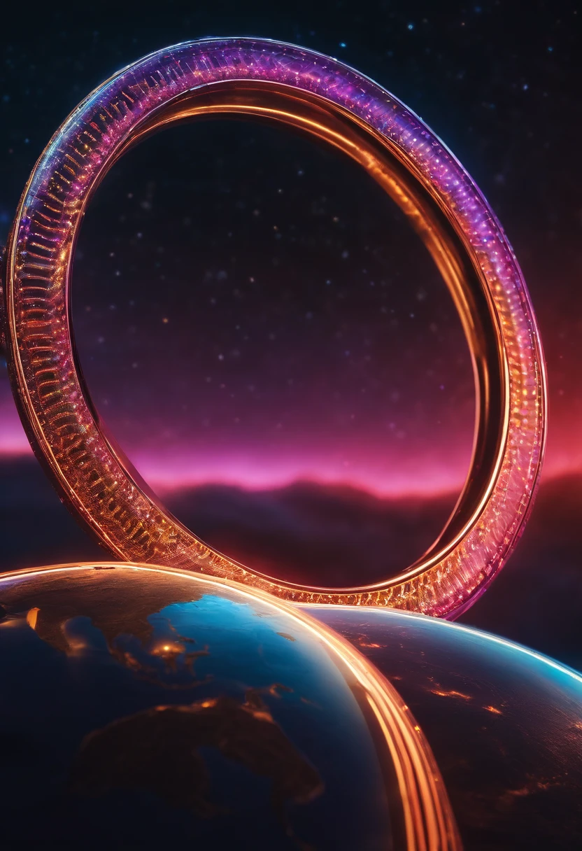 a detail shot of the neon rings surrounding the planet, highlighting their vibrant colors, intricate patterns, and the ethereal glow they cast upon the planet’s atmosphere