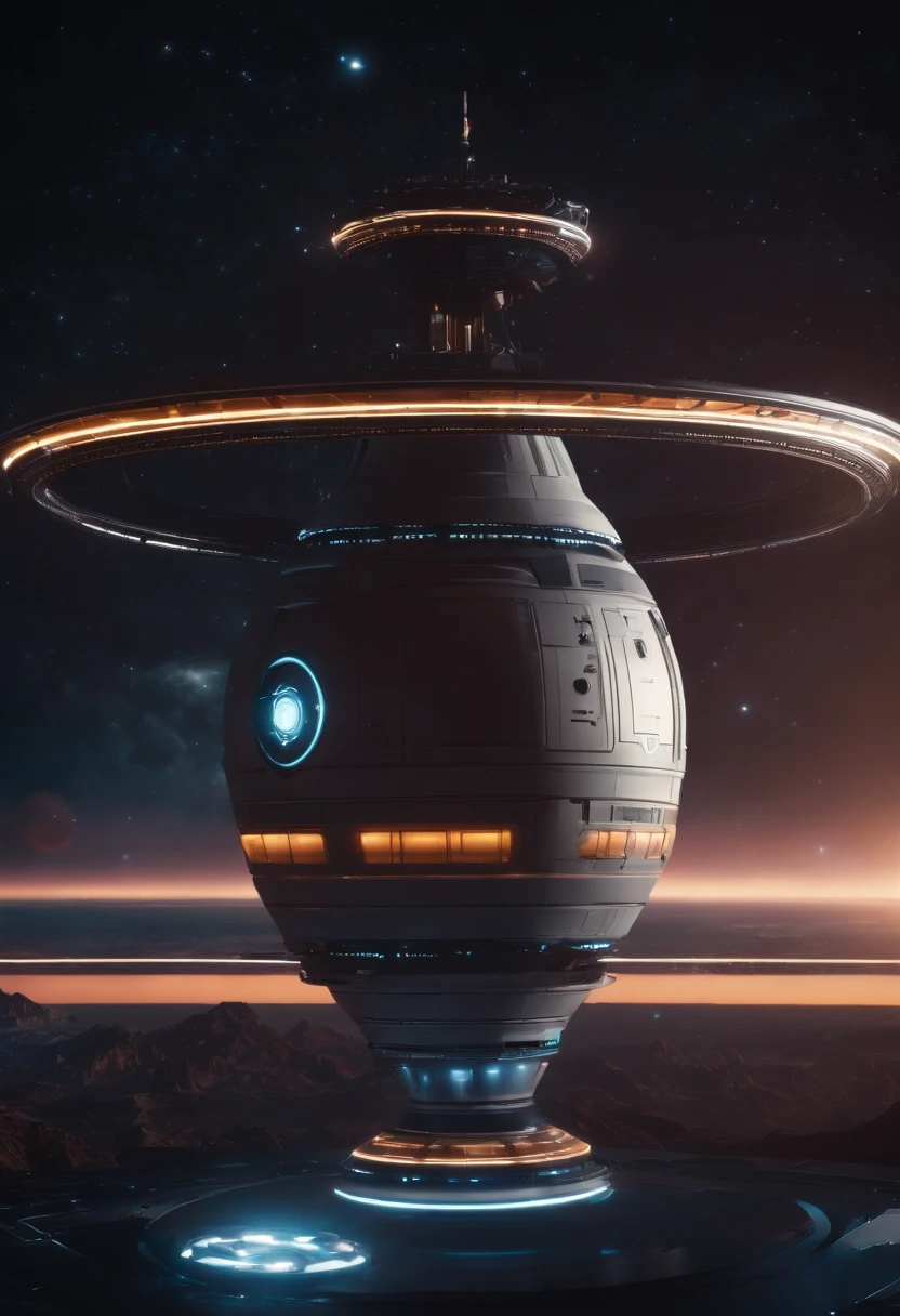 a creative shot of a spacecraft or space station orbiting the neon planet, showcasing the futuristic architecture and technology against the backdrop of the rings and stars