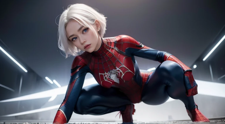 Uma linda garota chinesa de 18 anos (her hair is short white and divided in the middle) ela usa um (ultra tight spider man jumpsuit detailed in blue and red) her breasts are ultra small, 1920x1080 resolution, qualidade 4k 16k, luz profissional, fundo cidade (She is crouching doing a super hero pose) foto do seu corpo inteiro, foto profissional, profesional lighting, realista, ultra realista, cores profissional, rosto ultra detalhado (his eyes are blue) Her lips are red, bochecha rosada.