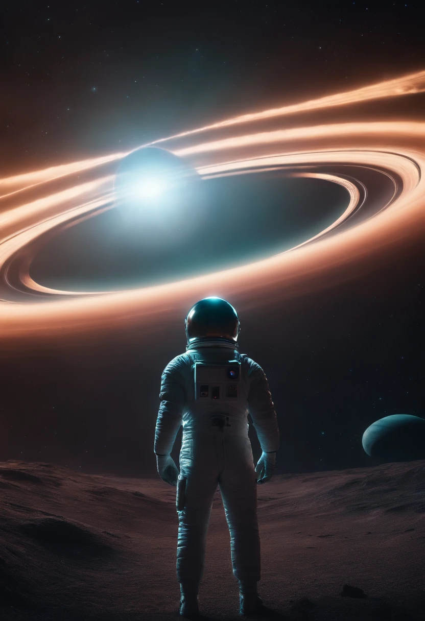 a high-angle shot of the neon planet and its rings from a distance, with a spaceship or astronaut in the frame, emphasizing the scale and vastness of the space environment