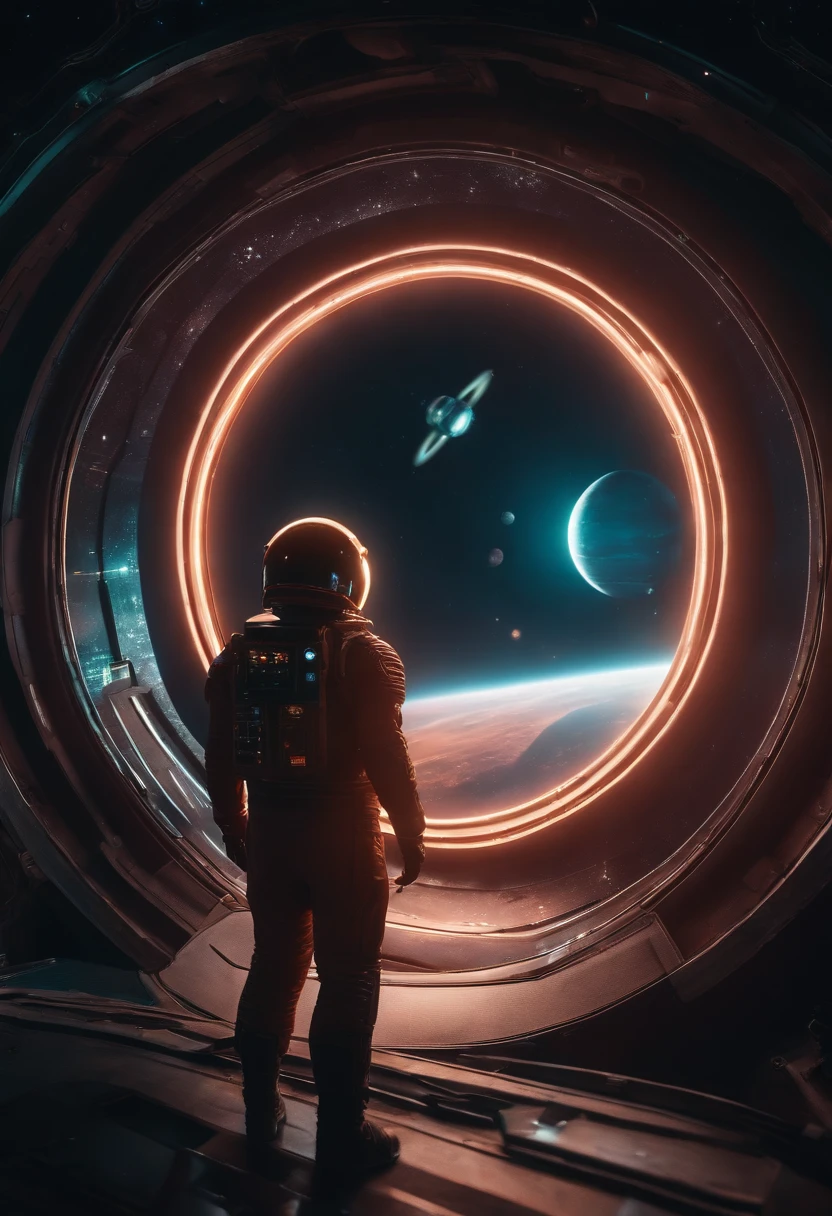 a high-angle shot of the neon planet and its rings from a distance, with a spaceship or astronaut in the frame, emphasizing the scale and vastness of the space environment