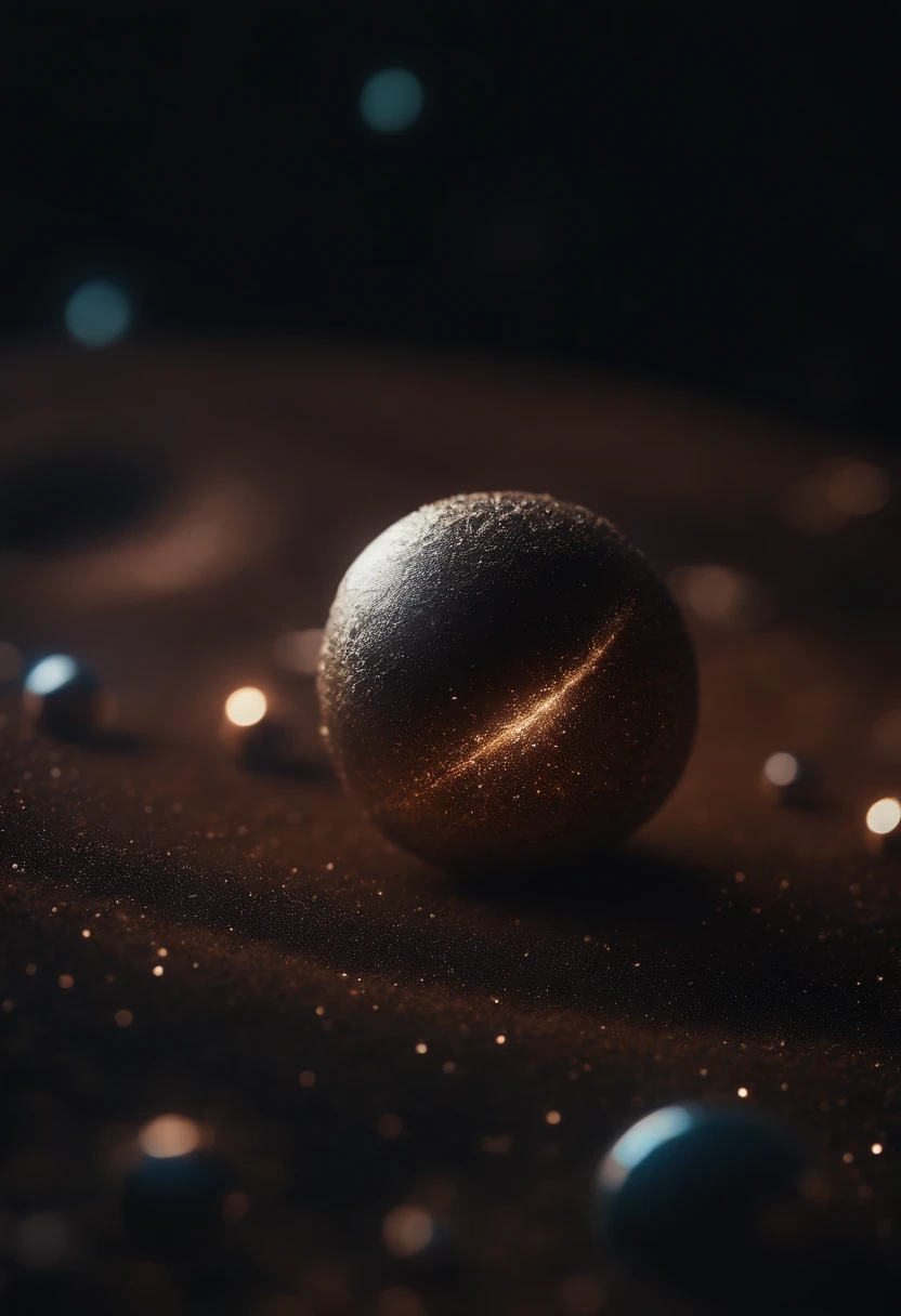 a detailed macro shot of a piece of debris or space dust floating near the neon planet’s rings, highlighting the intricate details and textures of the celestial particles