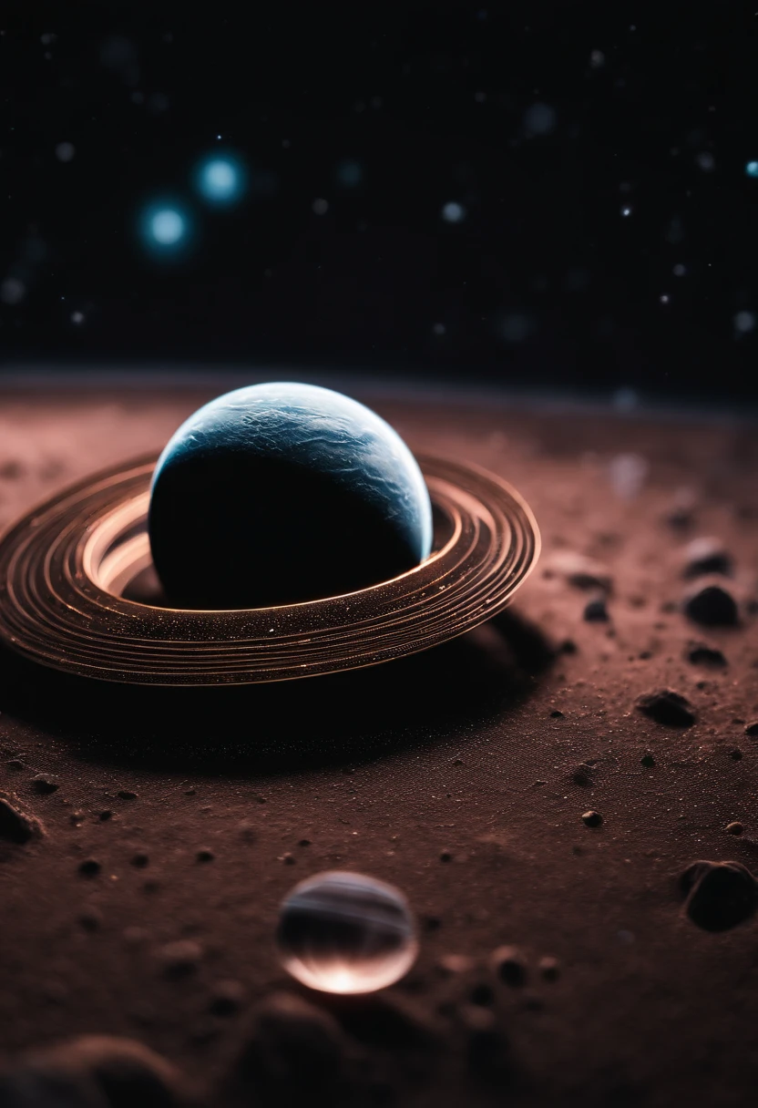 a detailed macro shot of a piece of debris or space dust floating near the neon planet’s rings, highlighting the intricate details and textures of the celestial particles