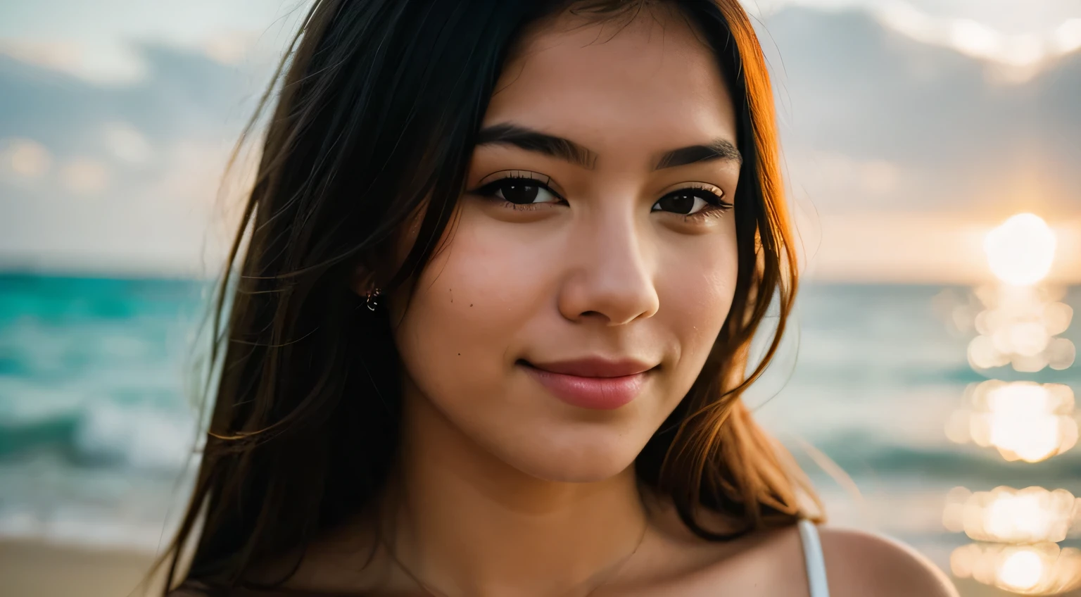 Smile, beautiful european model, Tropical Beach, Sunlight, Close-up shot of face only, 1 Girl with a beautiful face, Photographer 1.4), (Full body portrait: 1.4),Raw UHD Portrait Photography, background at room , Detailed (Texture!, hair!, shine, Color!!, defect: 1.1), highly Detailed glowing eyes, (looking in camera), Specular Light, Digital SLR, Extreme quality, sharp focus, sharp, degrees of freedom, Film grain, (Centered), FUJI XT3, Crystal clear, center of frame, Beautiful face, sharp focus, Bokeh, lowkey, intricate eye details