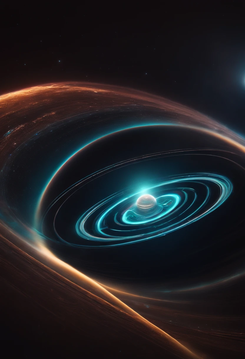 an abstract shot of the neon planet and its rings, experimenting with long-exposure techniques and color manipulation to create a dreamlike and otherworldly atmosphere