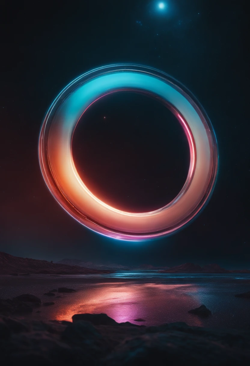 an abstract shot of the neon planet and its rings, experimenting with long-exposure techniques and color manipulation to create a dreamlike and otherworldly atmosphere