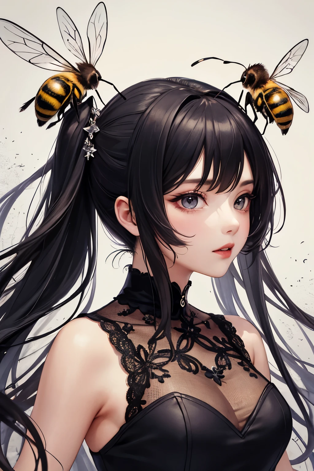 2D Beautiful Girl、colourfull、delicate、High-performance、illustratio、bee image、Queen bee model、A dark-haired、Less exposure、short-cut、queen bee personification