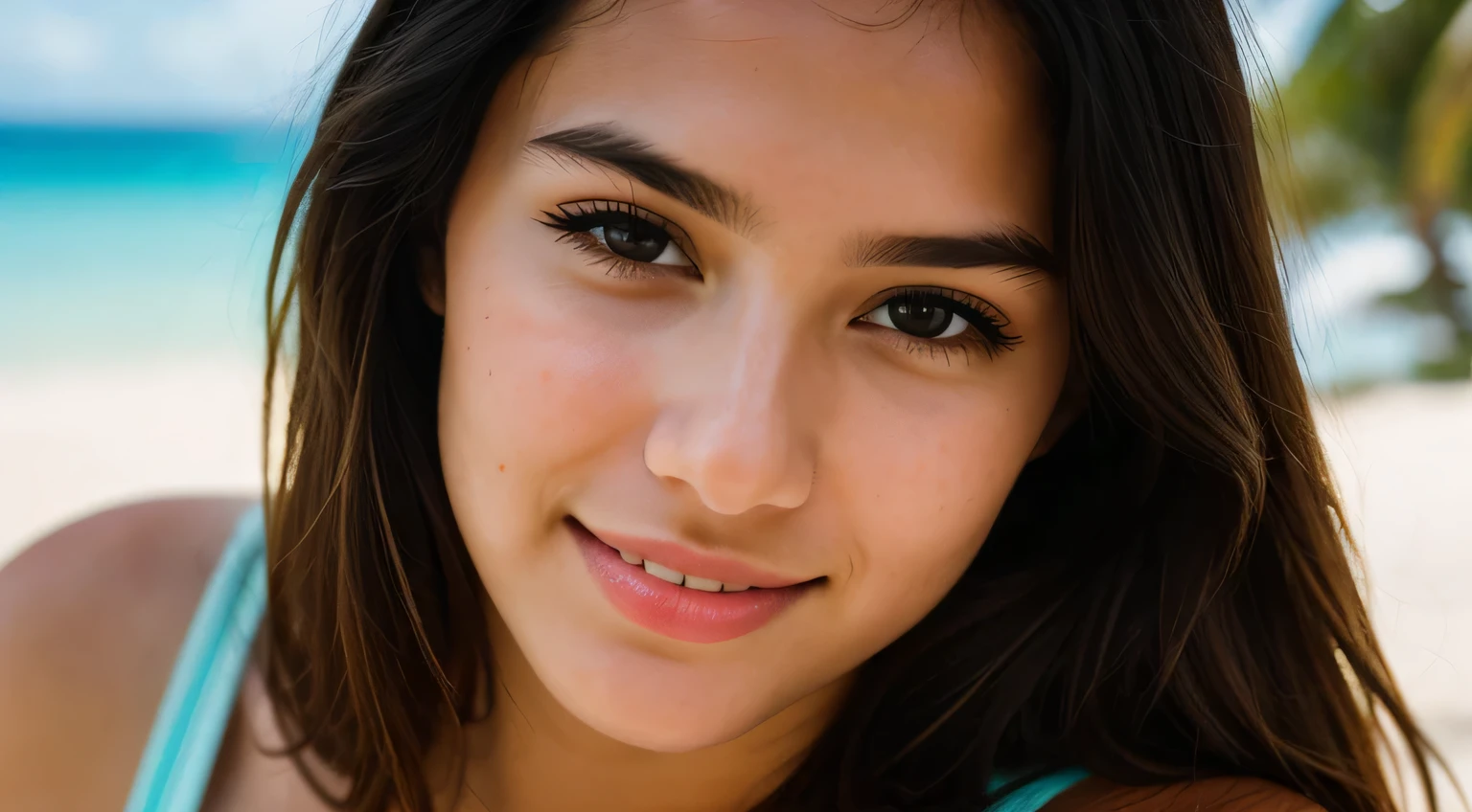 Smile, beautiful european model, Tropical Beach, Sunlight, Close-up shot of face only, 1 Girl with a beautiful face, Photographer 1.4), (Full body portrait: 1.4),Raw UHD Portrait Photography, background at room , Detailed (Texture!, hair!, shine, Color!!, defect: 1.1), highly Detailed glowing eyes, (looking in camera), Specular Light, Digital SLR, Extreme quality, sharp focus, sharp, degrees of freedom, Film grain, (Centered), FUJI XT3, Crystal clear, center of frame, Beautiful face, sharp focus, Bokeh, lowkey, intricate eye details