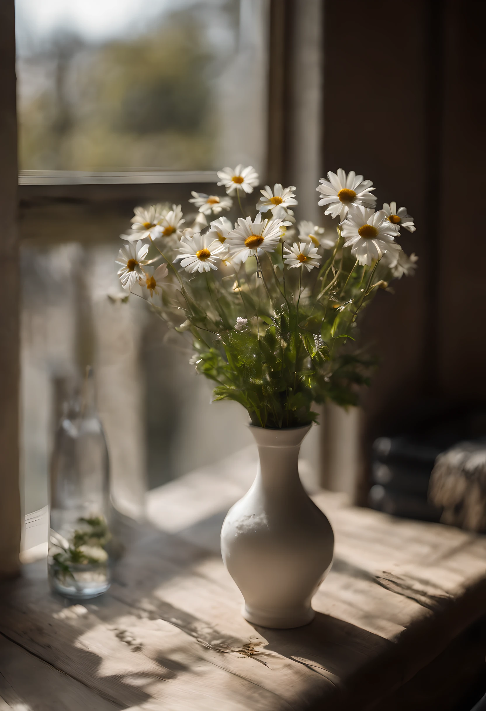 A vase on the windowsill,White daisies are inserted in the vase,There is also a bottle of purified water,Still life photography,afternoon sunshine,Quiet and beautiful,professional photoshooting,ultra-clear,high high quality