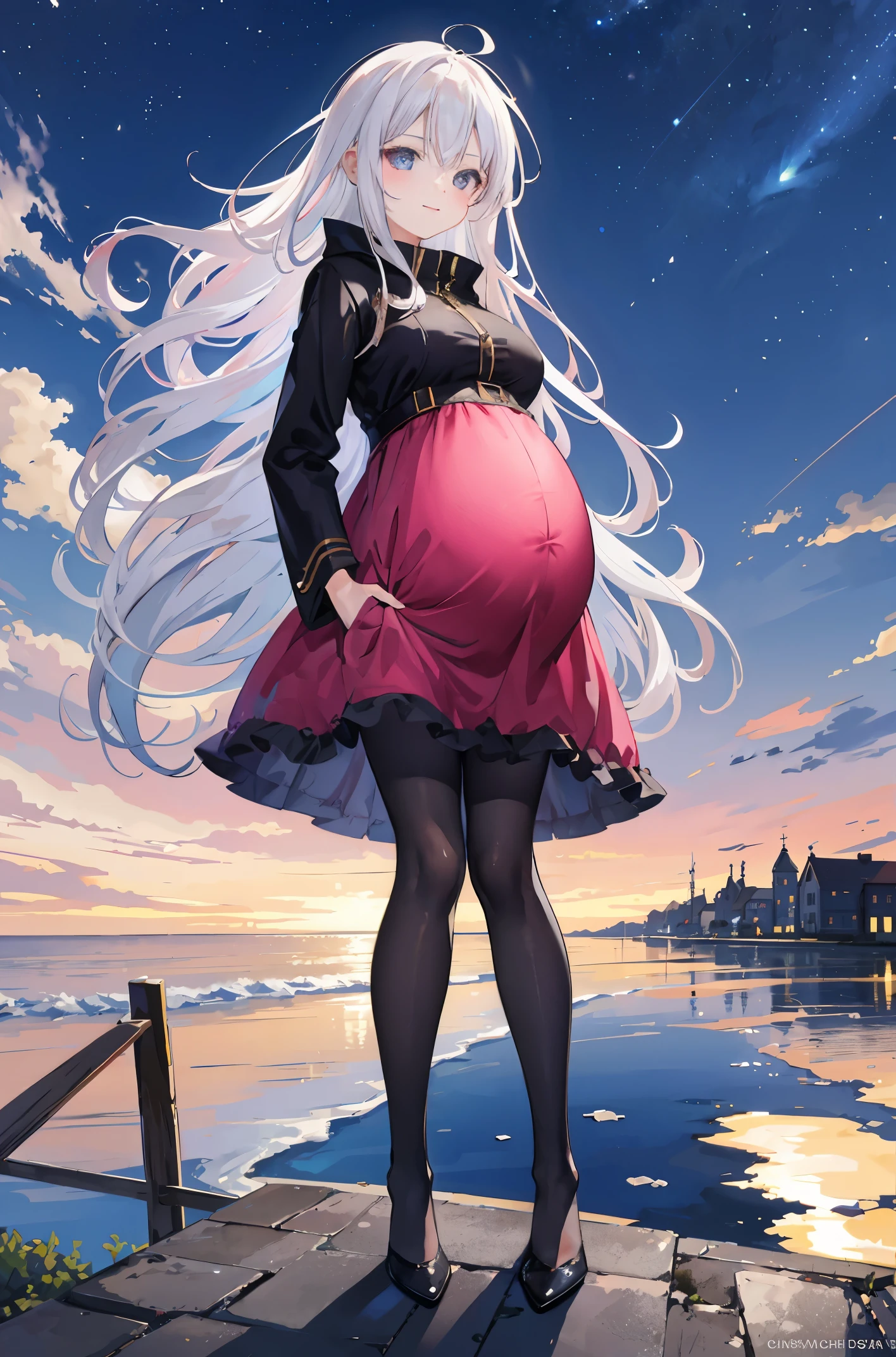 1girll,nightcity,Sateen,coat large,Put your hands in your pockets,Pregnant belly, One-piece tights, cabelos preto e longos, Large breasts, Raised sexy, Charming eyes, ssmile, style of anime, 8K, Super detail, The highest quality pregnant belly, Maternity wear,Maternity wear,Pregnant belly,Pregnant belly,Full body photo,Entangled in tentacles