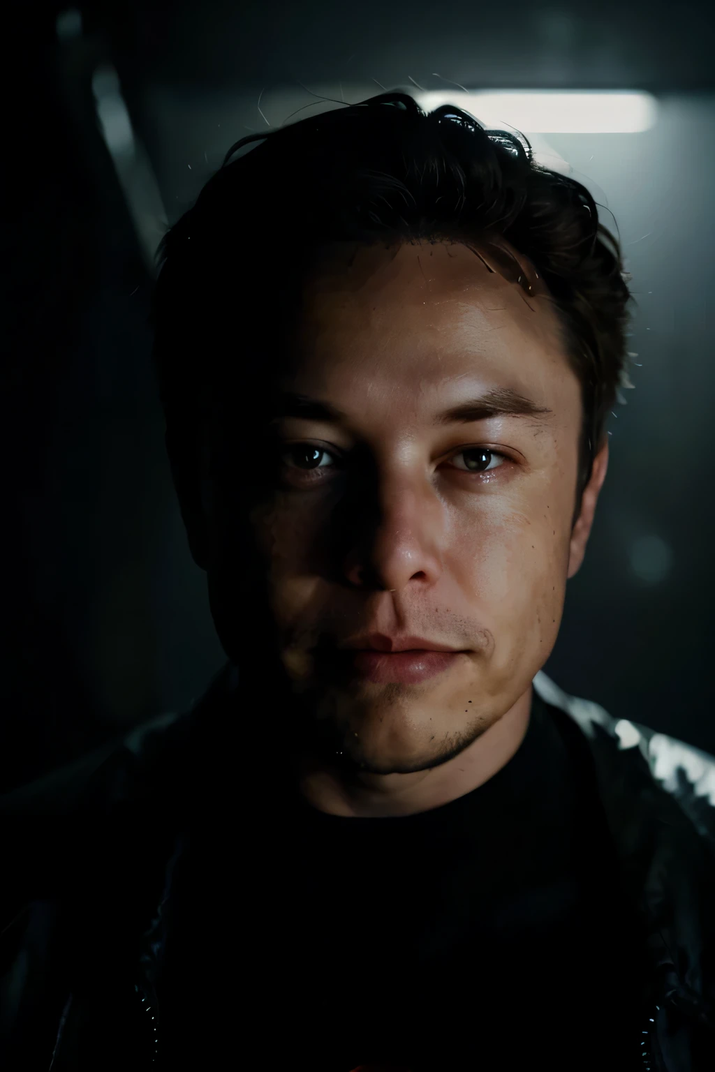 Portrait of Elon Musk, Blick in die Kamera, High quality ,Filmischer Blitz ,detailliertes Gesicht, schwarzer Hintergrund