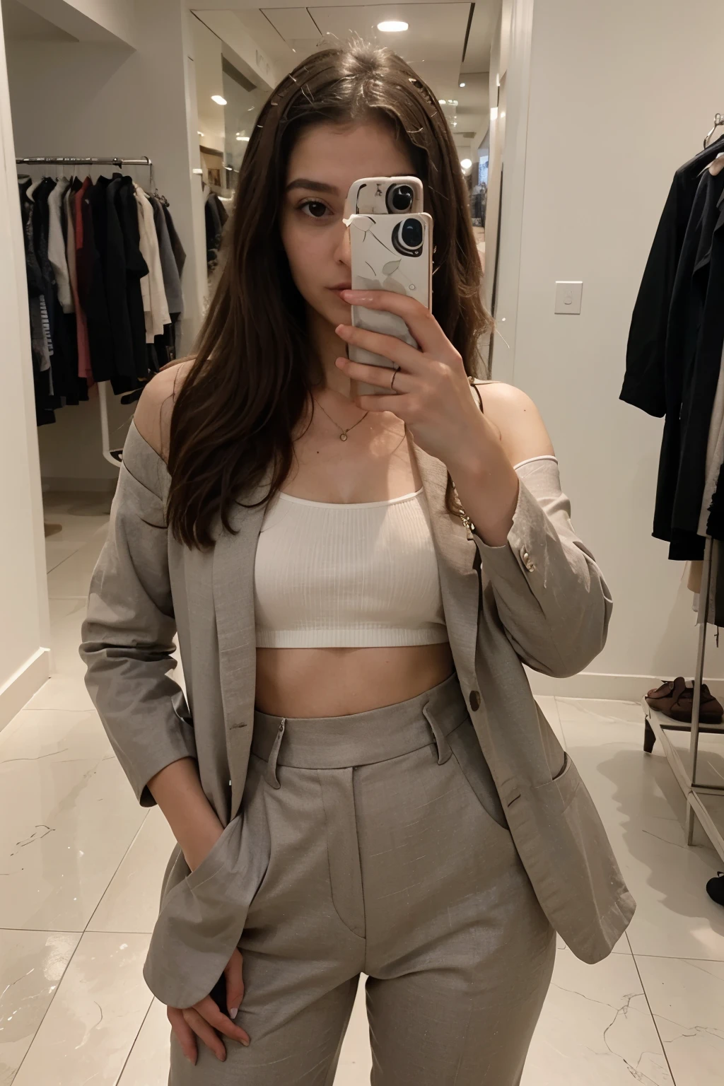 Capturing a moment of her urban escapade, Eliana Grace couldn't resist the allure of a chic boutique's full-length mirror. With her phone in hand, she pauses amidst the stylish reflections to capture a selfie that encapsulates the essence of her shopping adventure.

The ambient lighting from the store highlights the details of Eliana's carefully curated ensemble. Her light brown hair, a cascade of sophistication, falls gracefully around her shoulders. The tailored blazer, high-waisted trousers, and statement accessories that define her style are all elegantly showcased in the mirror's reflection.

As Eliana captures the selfie, the bustling ambiance of the mall becomes a dynamic backdrop, with trendy storefronts and fellow shoppers adding a vibrant energy to the scene. The selfie becomes a snapshot of not just her impeccable fashion sense but also a moment frozen in time—a chapter in the ongoing narrative of Eliana's stylish exploration through the modern shopping haven.