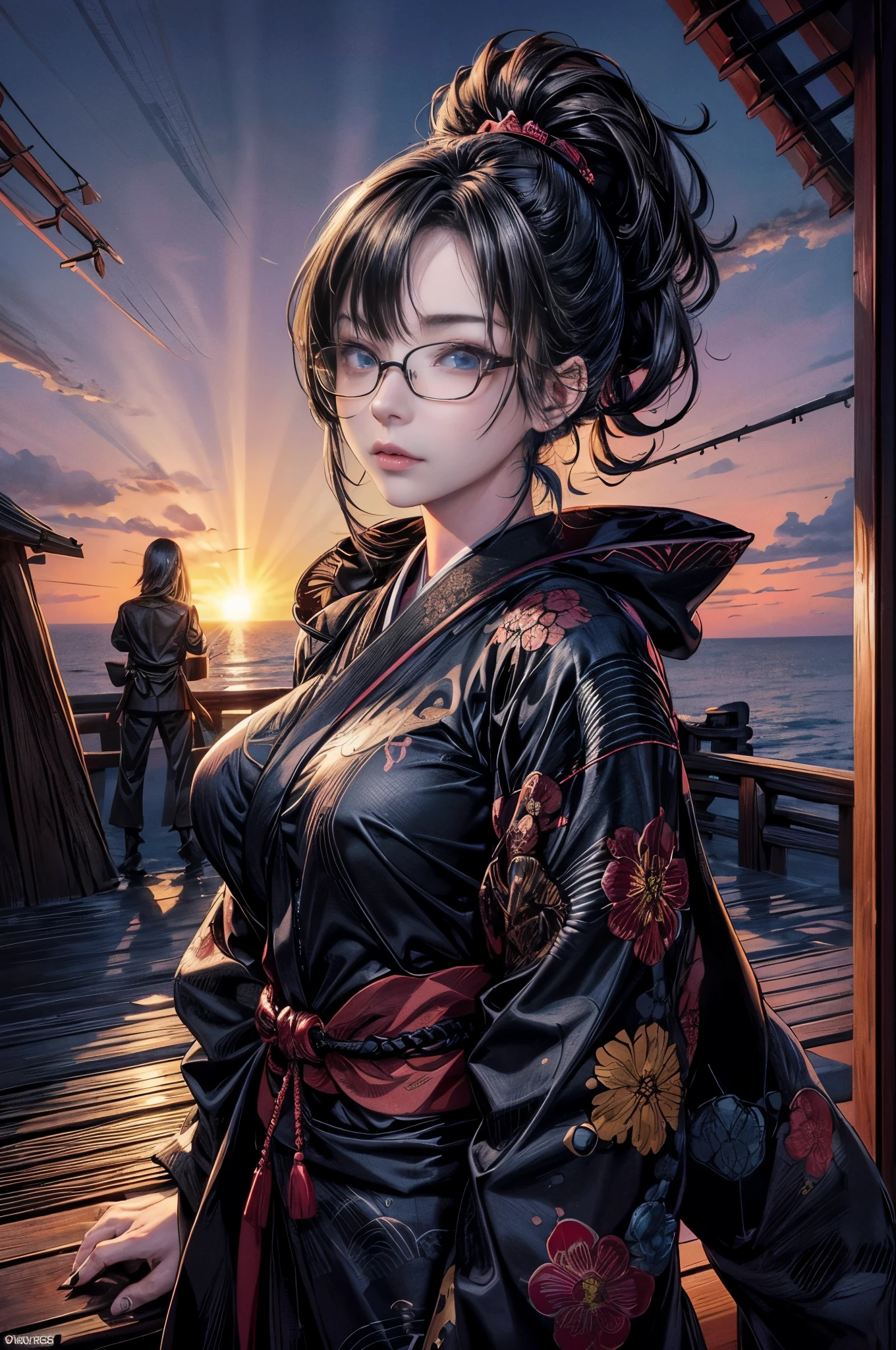 Cinematic lighting、16k picture quality、highlydetailed skin、masutepiece,1girl in, Solo、Best Quality,cyberpunked,(1beautiful woman、Detailed beautiful facial features:1.3)(Hairstyles that go well with black colored kimonoancy glasses:1.3)(well-shaped breasts:1.3)Blue eyes that are about to leak, Beautiful glossy Japanese black kimono、Japanese flashy black kimono beauty、KIMONO、（A slight smil、Turn around:1.3）first sunrise in japan（Watch the first sunrise of the year at a fantastic location in Japan:1.2）（rays of sunshine、sea of clouds:1.2）（have a prize、New year feeling）