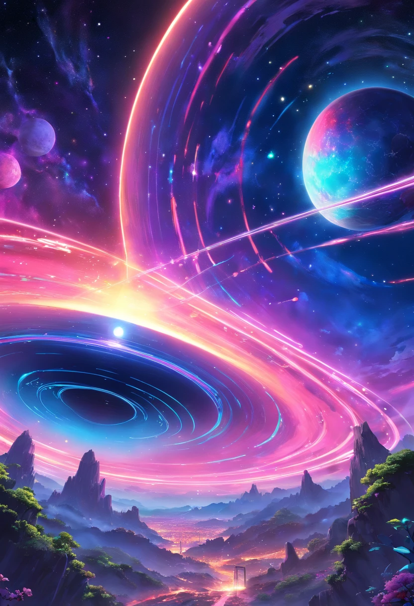 a wide-angle shot of a neon planet with rings, set against a backdrop of stars and nebulae, creating a stunning futuristic space vista