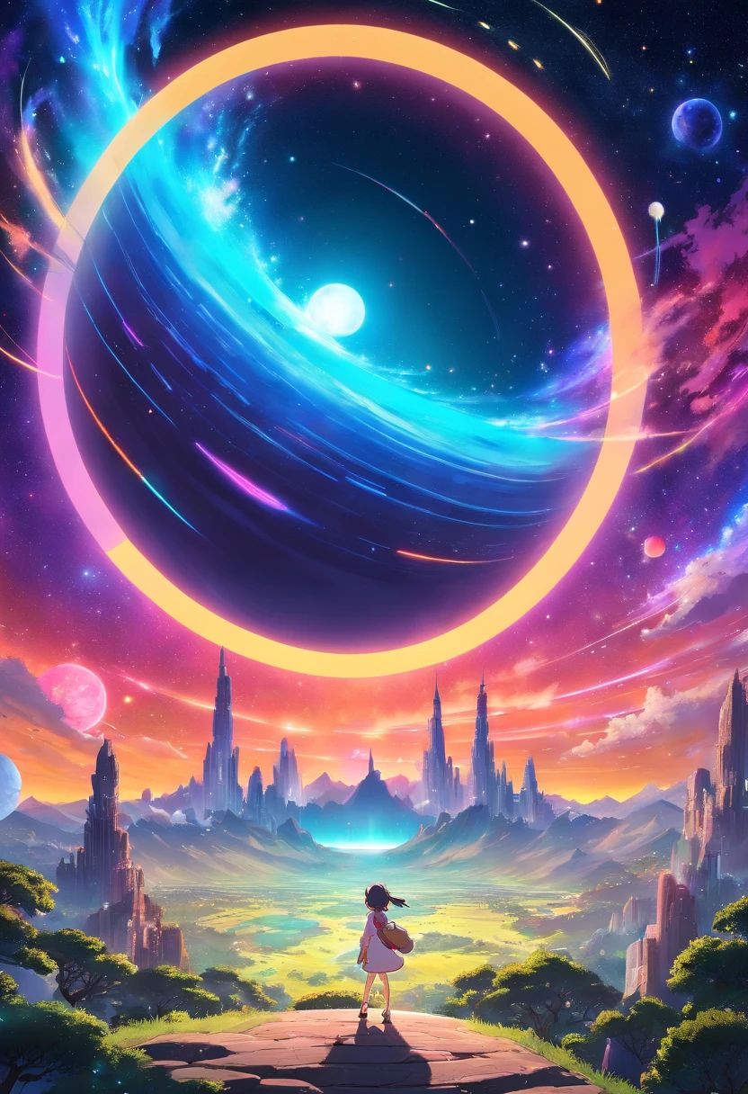 a wide-angle shot of a neon planet with rings, set against a backdrop of stars and nebulae, creating a stunning futuristic space vista