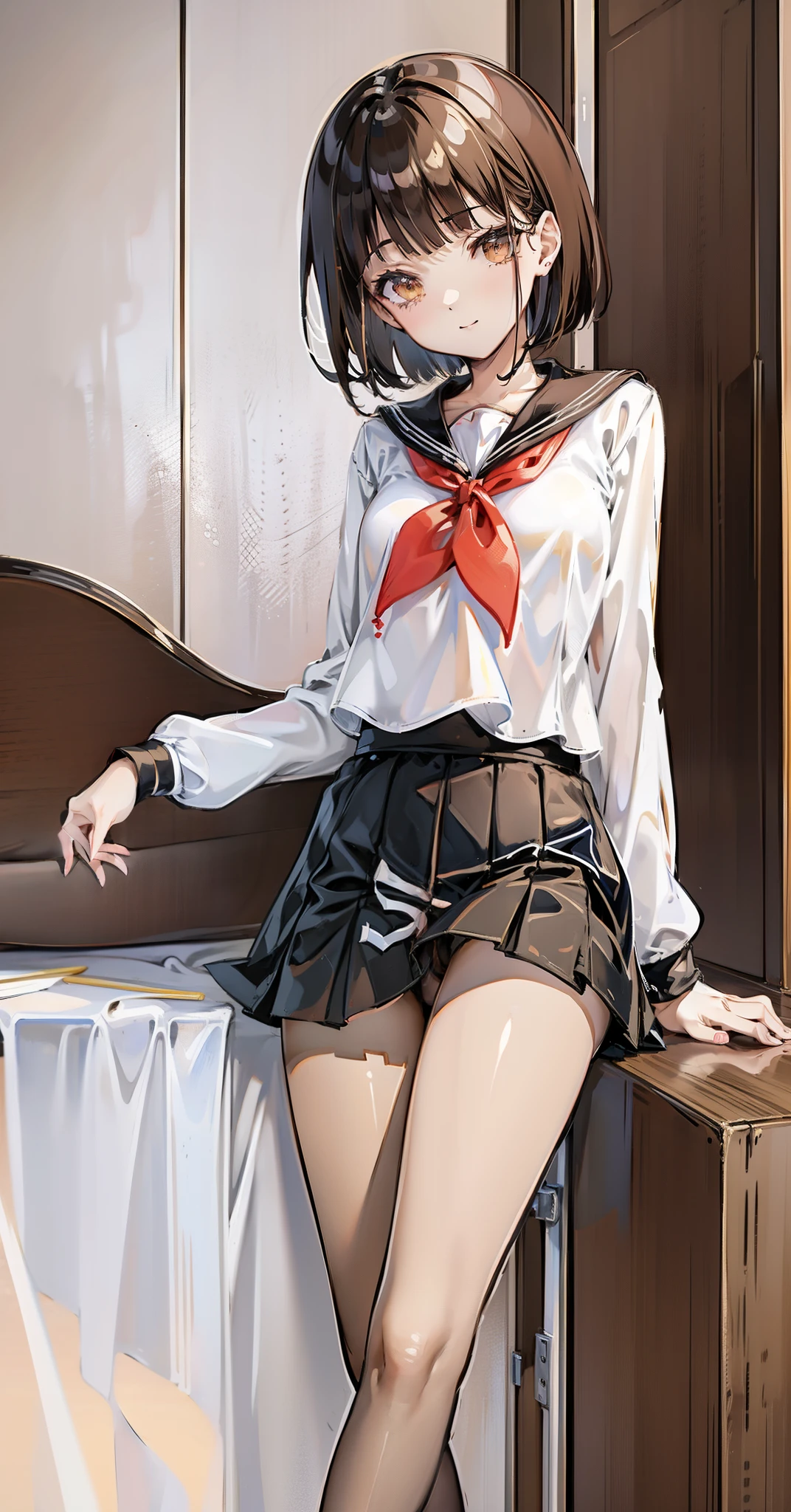 (tmasterpiece: 1.3),(Best quality at best:1.4),超高分辨率,(詳細な目),(detailedfacialfeatures),(Detailed clothing features),HighDynamicRange,8K分辨率, ground focus, through bangs, firm skin, (Glowing skin ),(slender girl),like a dream, (Extremely detailed illustration),Check Comments,Request a comment,scenecy,No text, virtual girl rin, Happy, ssmile, (Small under the chest, bob hair, Short hair details, Brown hair, Brown eyes, Black collar, 1 girl, pupils, middle school, White school uniform, a sailor suit, Crimson pleated skirt, sockes, athletic sneakers,