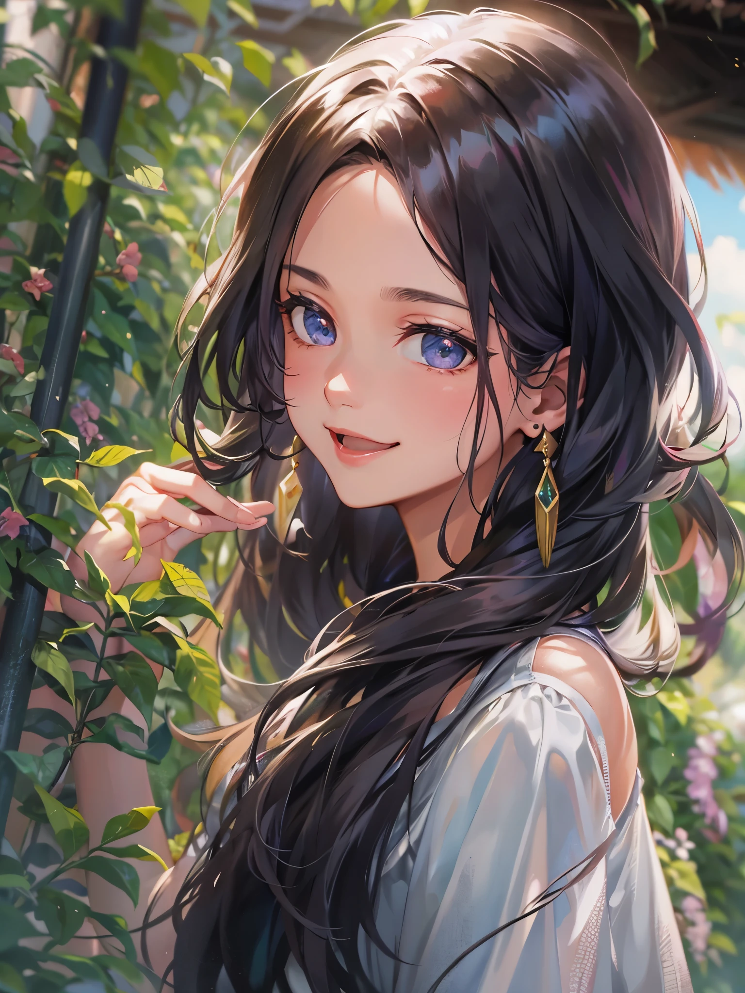 solo, woman, outdoor outfit, black hair, long hair, floating hair, shiny hair, jewelry, light smile, detailed beautiful face and eyes, vivid color, cinematic lighting, jpeg artifacts, Eye-Level Shot, drop shadow, depth of field, hyperrealism, Ghibli-like colours, atmospheric perspective, tachi-e, masterpiece, retina, ccurate, best quality, highres, 4K, super detail