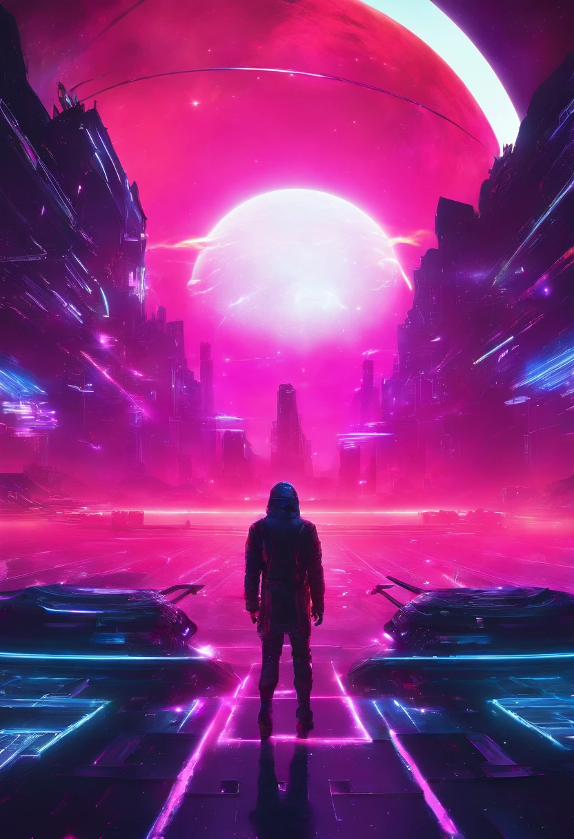 a wide-angle shot of a neon planet with rings, set against a backdrop of stars and nebulae, creating a stunning futuristic space vista