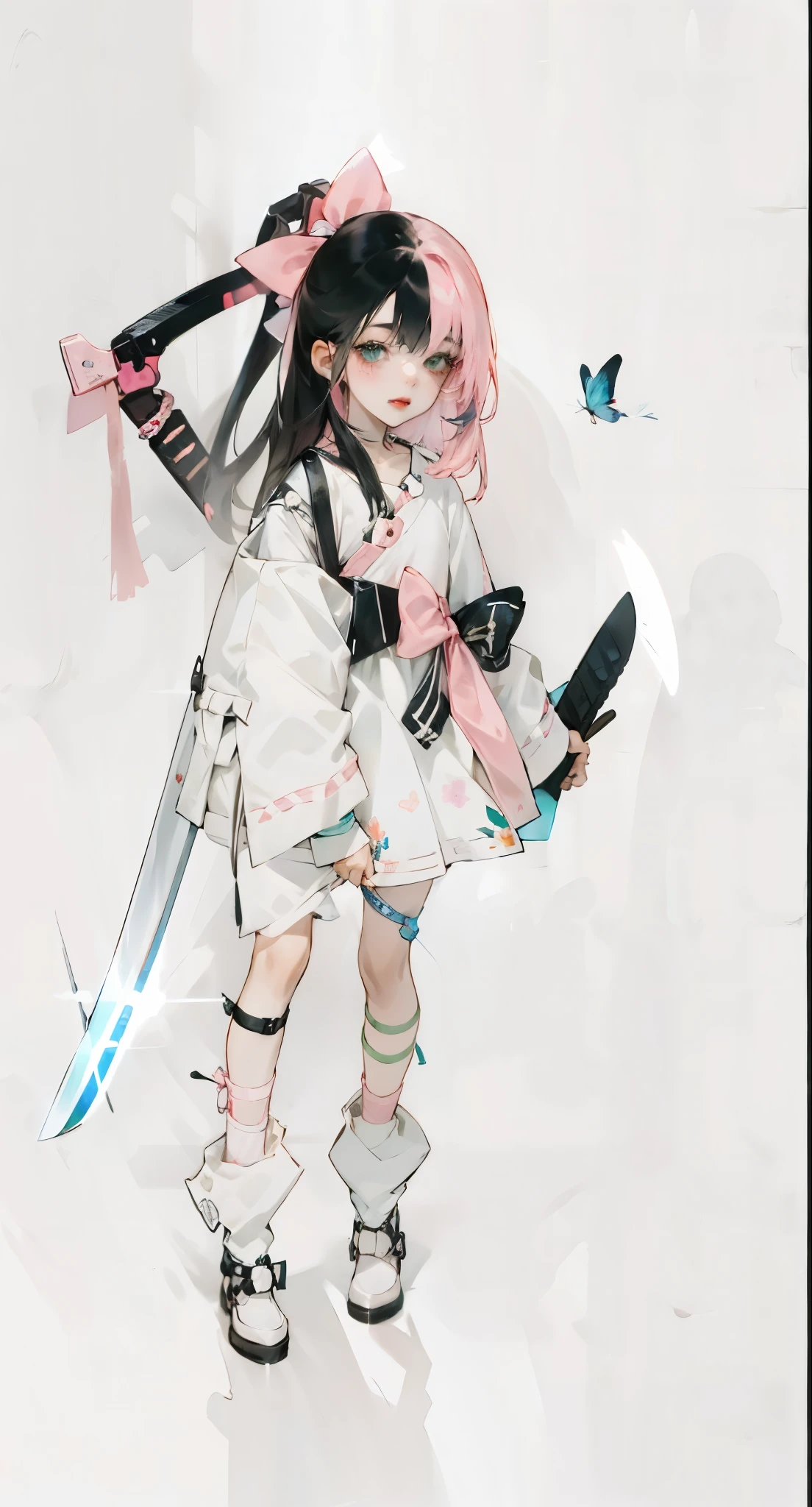 ((Best quality at best)), ((tmasterpiece)), , It's a perfect face((femele)),Girls with pink hair and black hair,Hair fluttering,delicated face, beautidful eyes, Dappled light and shadow,,Cute action,white backgrounid, reference sheet, Standing Picture,Three View,,There is a scissor weapon behind the back,holding black knife,Standing Picture